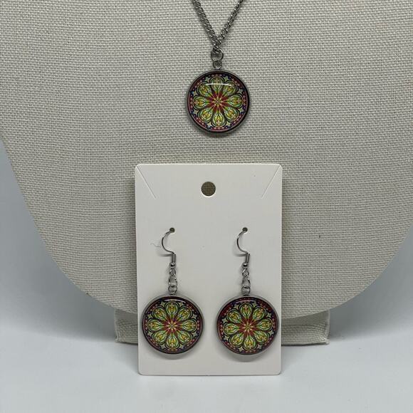 Handmade Green Yellow Orange Mandala Pendant Necklace & Earrings Set NWT OS - Picture 3 of 6